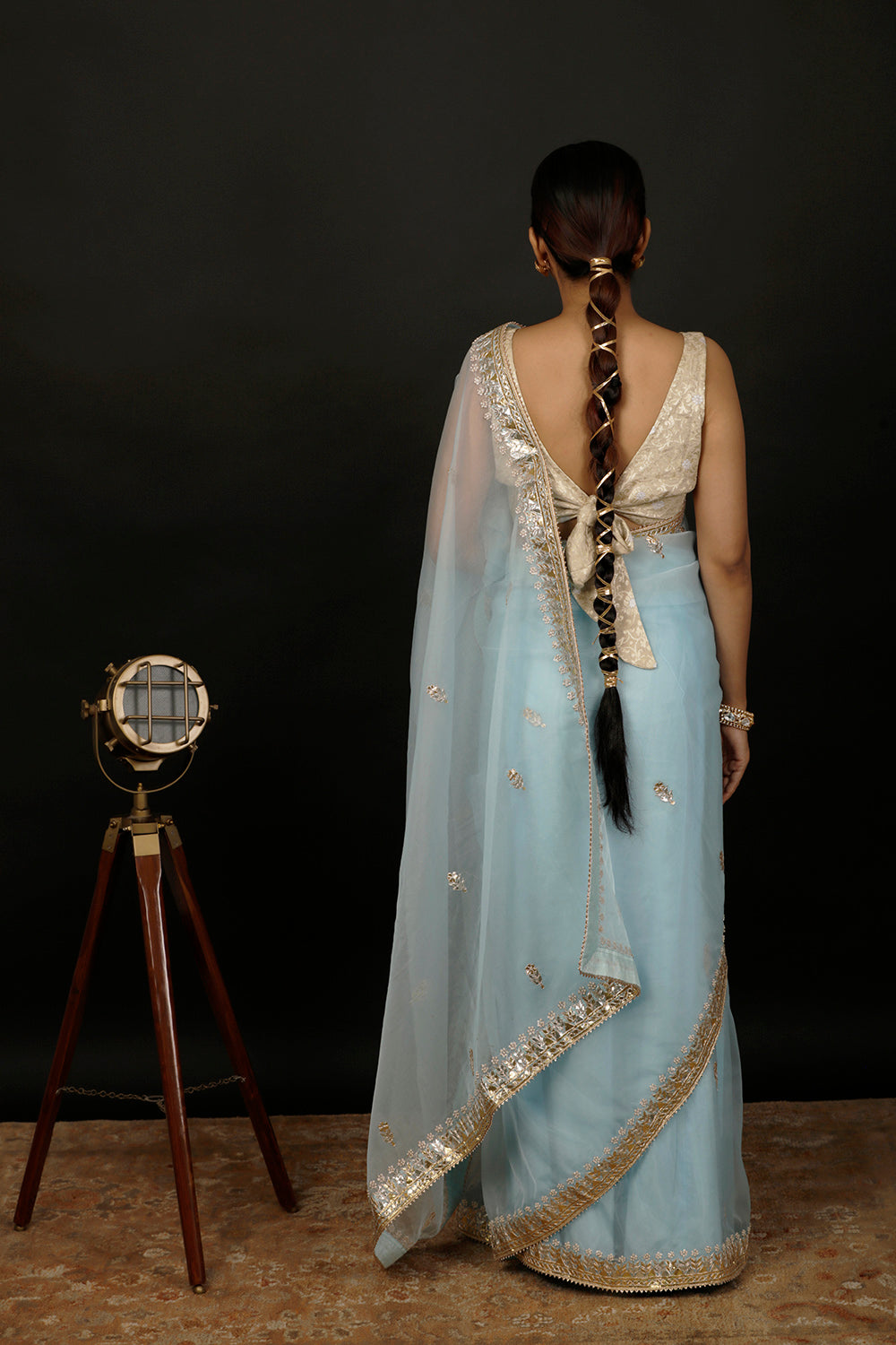 Blue Hand Embroidered Gota Patti Organza Saree