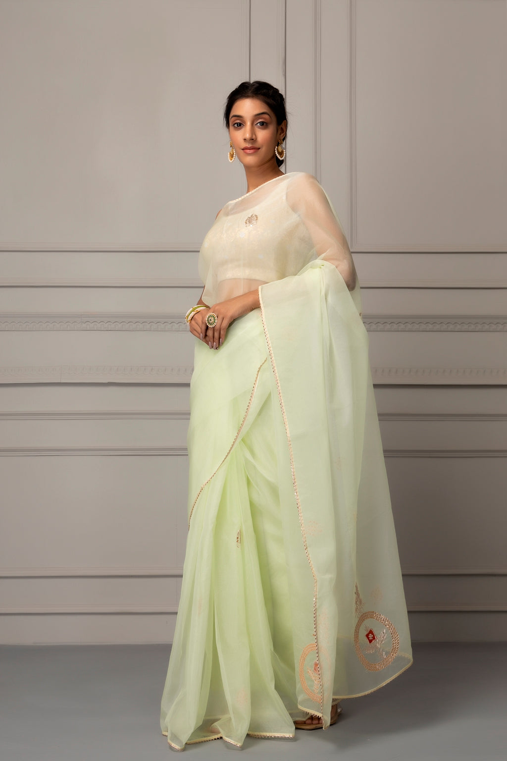 Sea Green Handcrafted Gota Patti Organza Saree