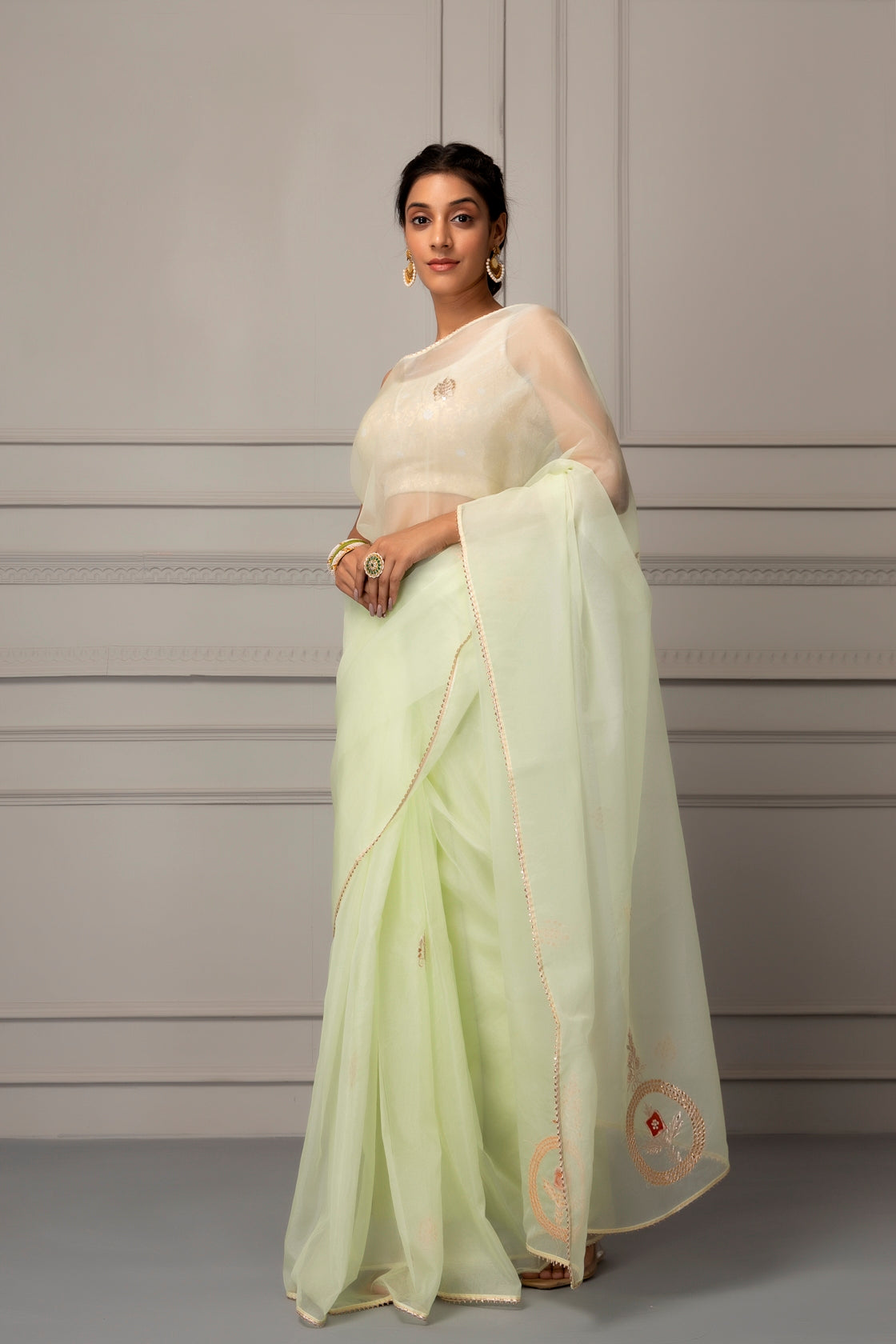 Sea Green Handcrafted Gota Patti Organza Saree