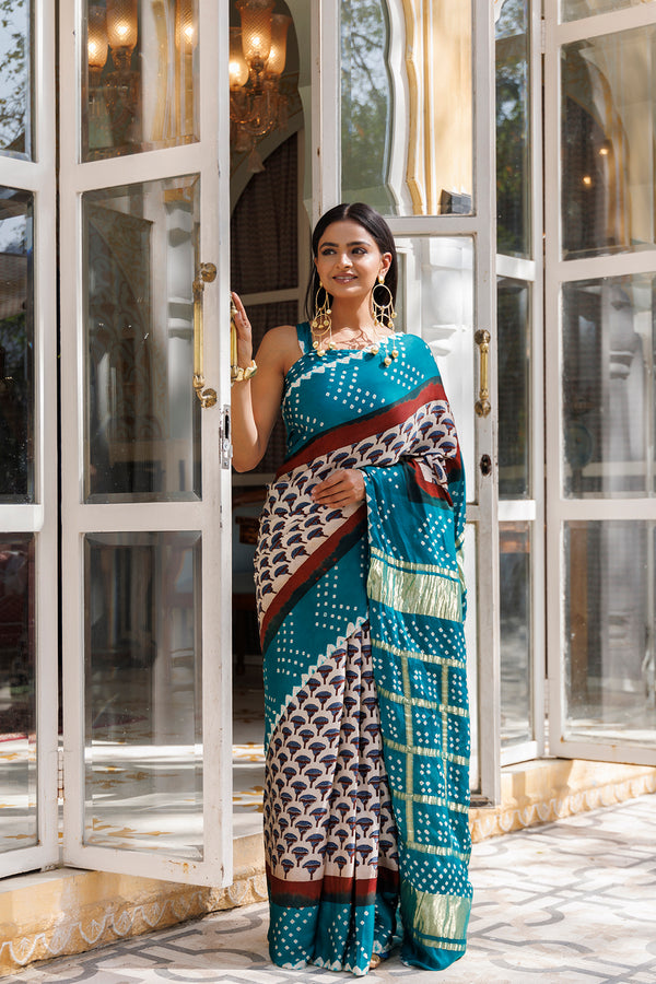 Green Ajrakh Handblock Bandhani Silk Saree With Zari Gharchola Pallu