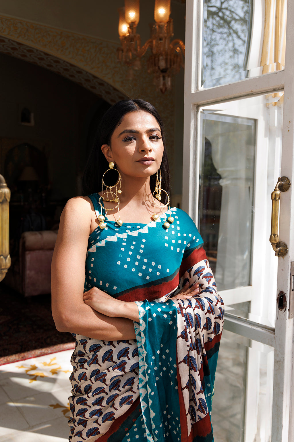 Green Ajrakh Handblock Bandhani Silk Saree With Zari Gharchola Pallu