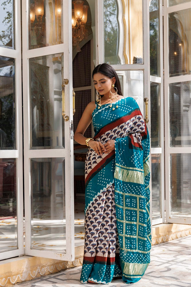 Green Ajrakh Handblock Bandhani Silk Saree With Zari Gharchola Pallu