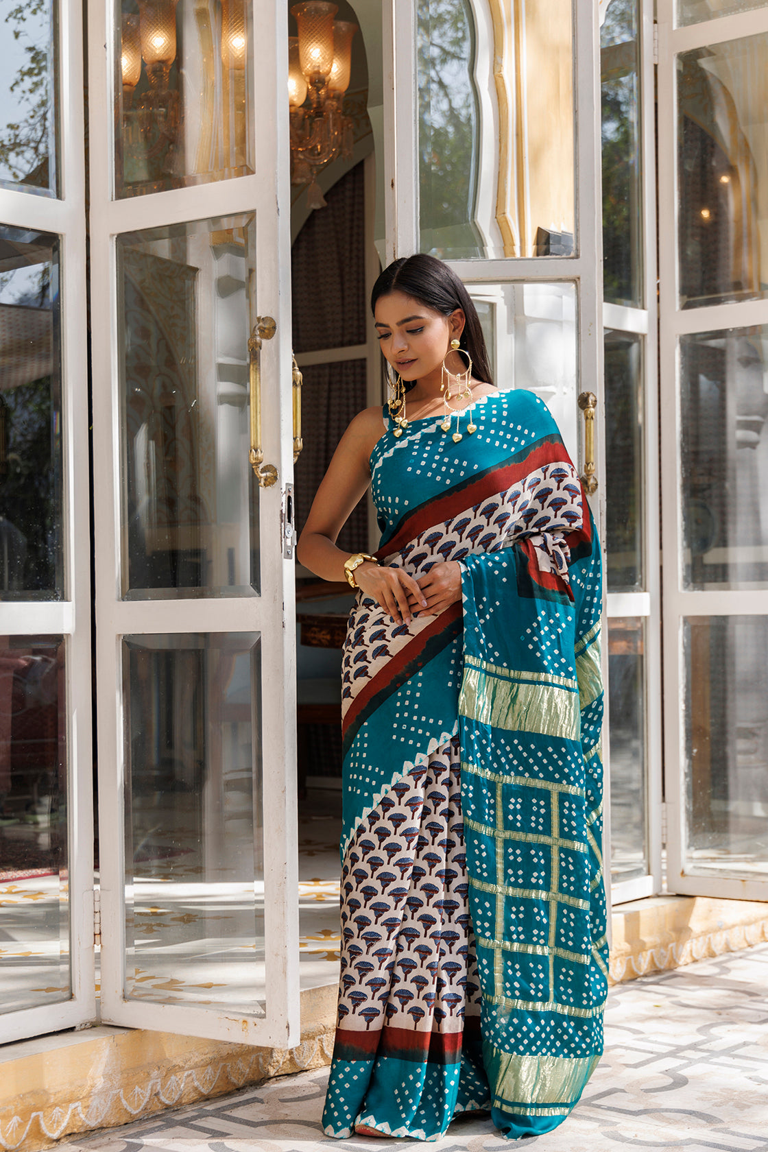 Green Ajrakh Handblock Bandhani Silk Saree With Zari Gharchola Pallu
