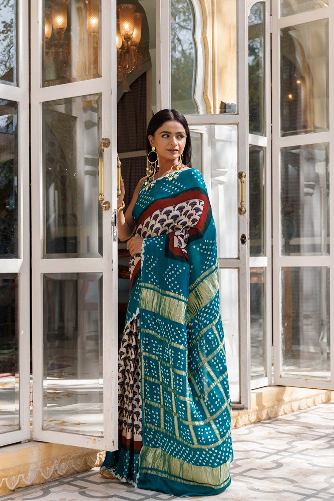 Green Ajrakh Handblock Bandhani Silk Saree With Zari Gharchola Pallu