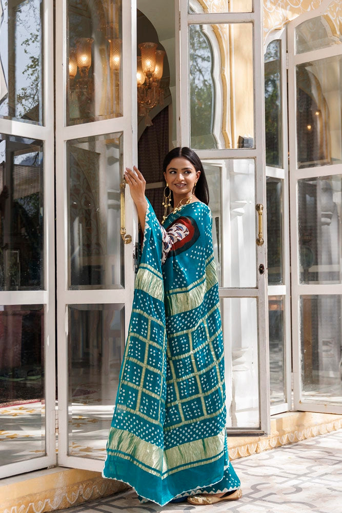 Green Ajrakh Handblock Bandhani Silk Saree With Zari Gharchola Pallu