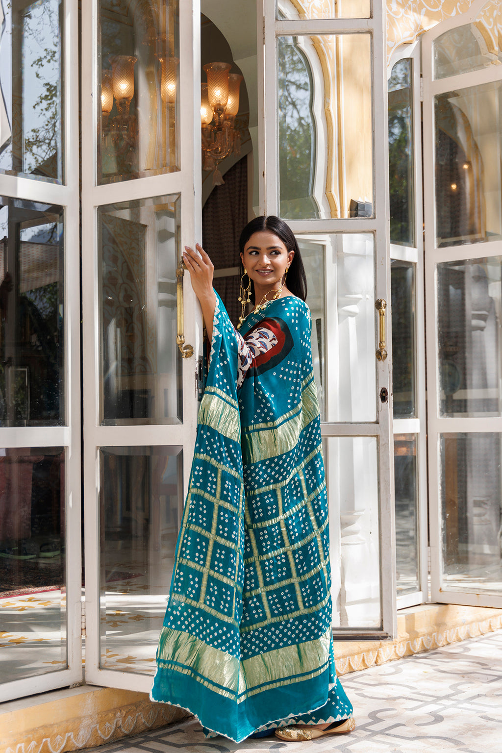Green Ajrakh Handblock Bandhani Silk Saree With Zari Gharchola Pallu