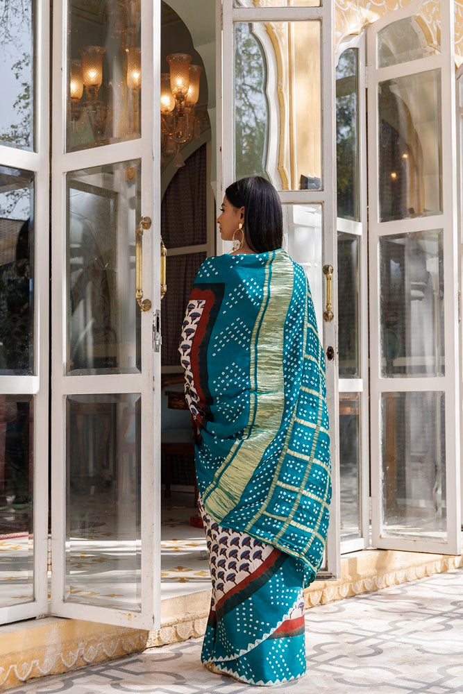 Green Ajrakh Handblock Bandhani Silk Saree With Zari Gharchola Pallu