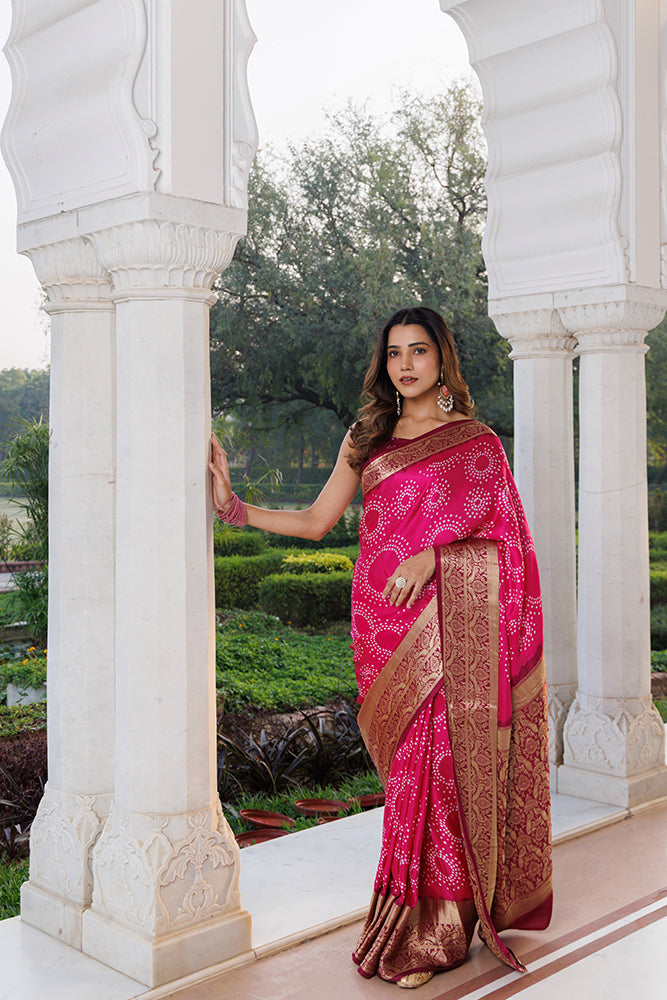 Pink Gajji Silk Bandhani Saree With Zari Border & Pallu