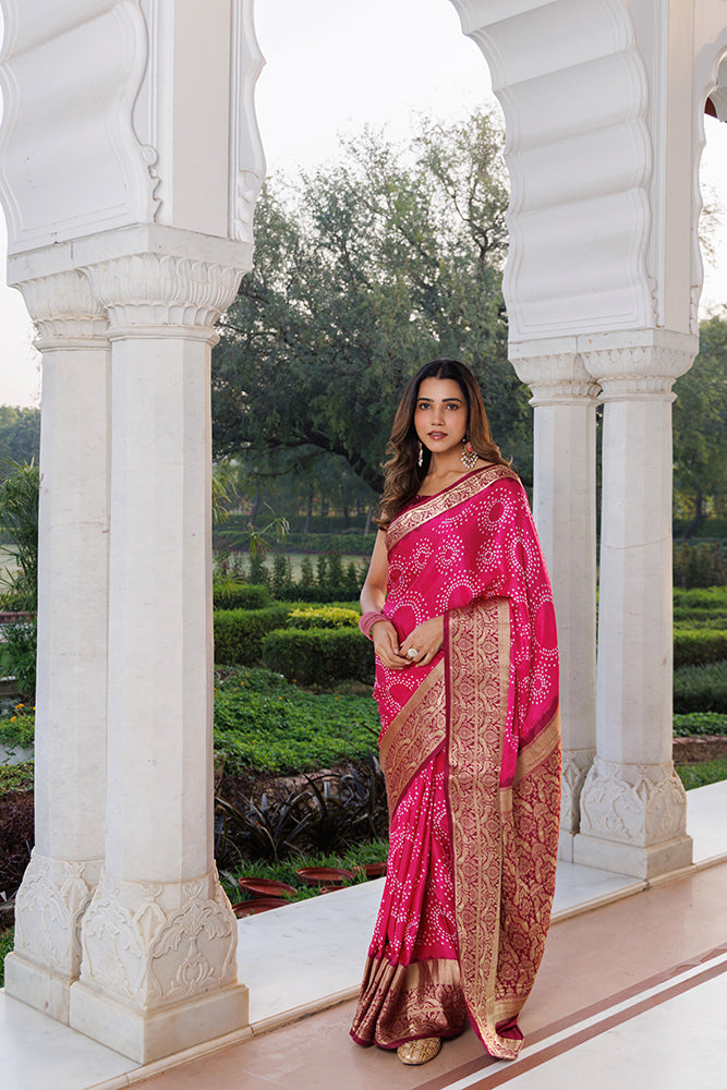 Pink Gajji Silk Bandhani Saree With Zari Border & Pallu