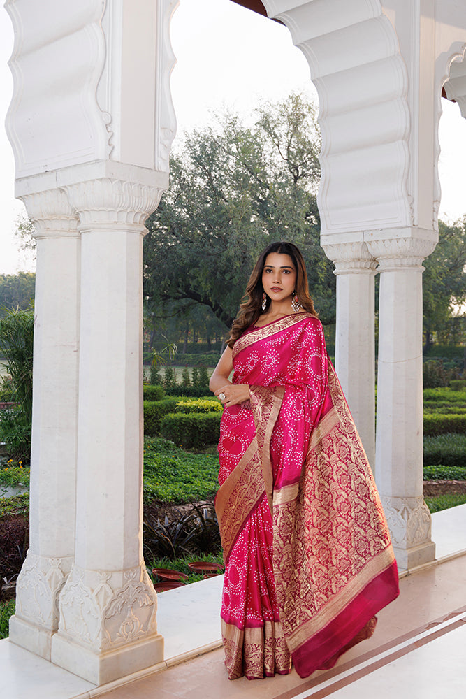 Pink Gajji Silk Bandhani Saree With Zari Border & Pallu