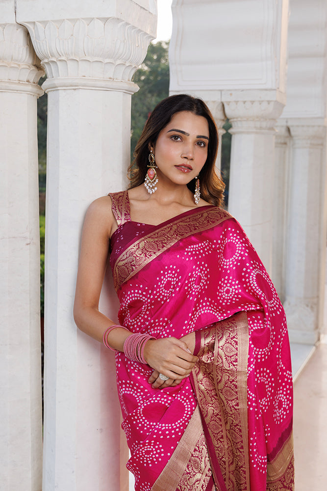 Pink Gajji Silk Bandhani Saree With Zari Border & Pallu