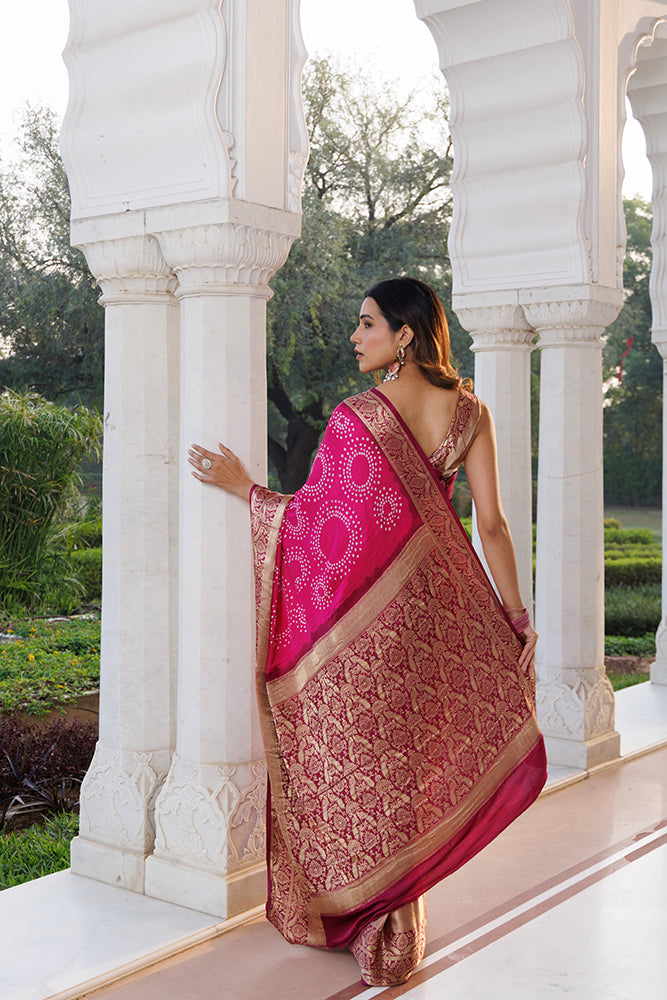 Pink Gajji Silk Bandhani Saree With Zari Border & Pallu