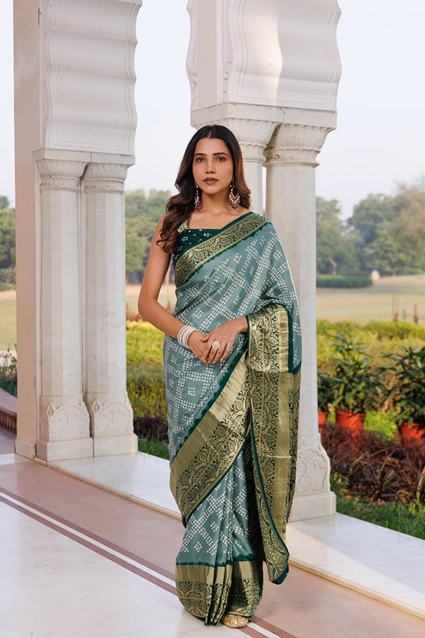 Sea Green Gajji Silk Bandhani Saree With Zari Border & Pallu