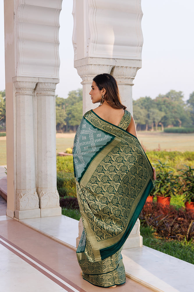 Green Handcrafted Bandhani Gajji Silk Saree With Zari Border