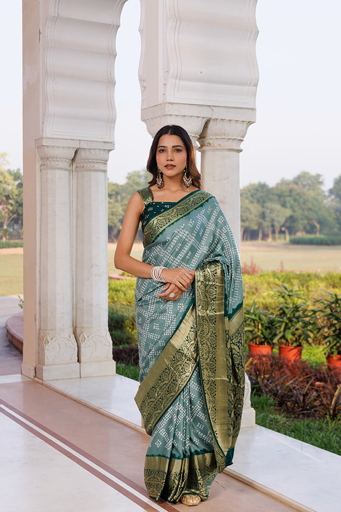 Green Handcrafted Bandhani Gajji Silk Saree With Zari Border