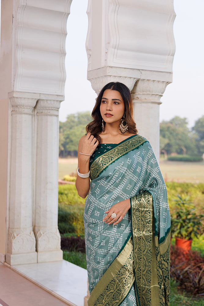 Green Handcrafted Bandhani Gajji Silk Saree With Zari Border