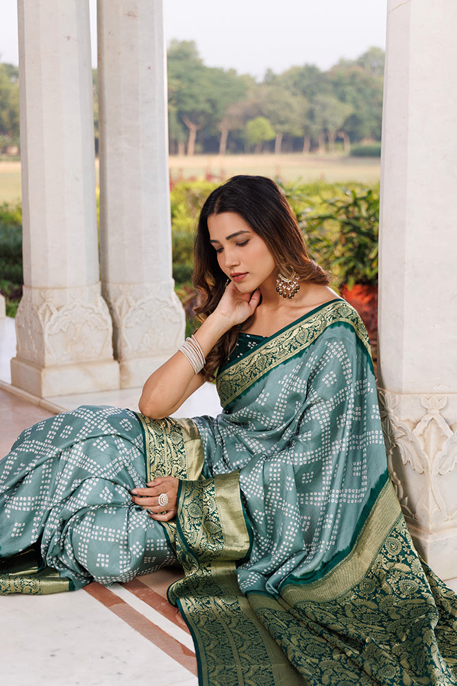 Green Handcrafted Bandhani Gajji Silk Saree With Zari Border