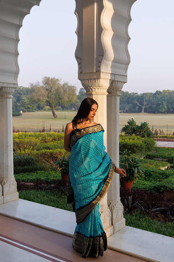 Elegant Blue Handcrafted Bandhani Gajji Silk Saree With Zari Work