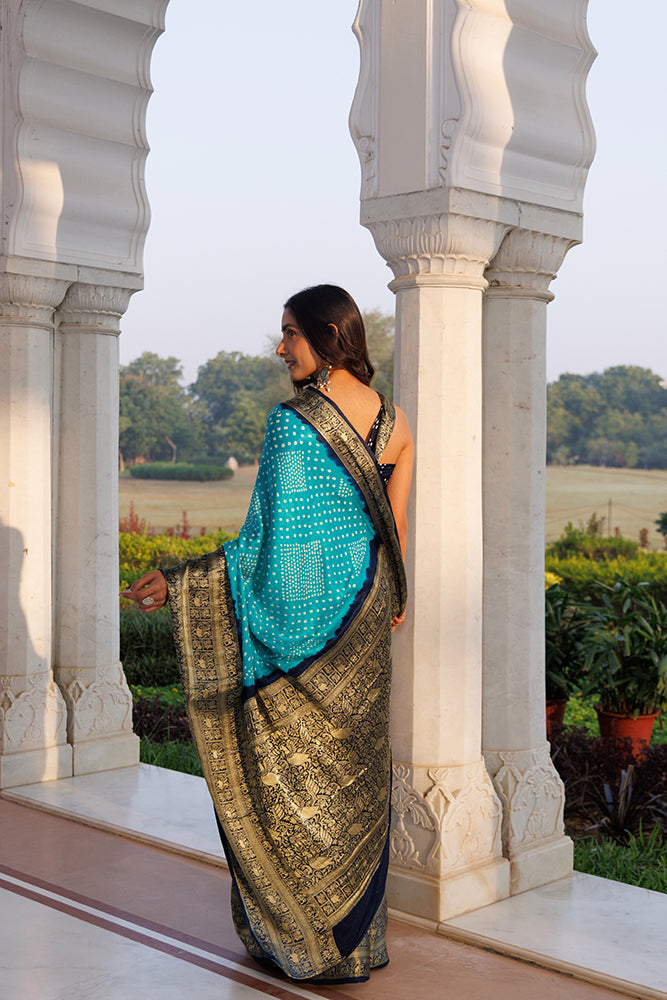Elegant Blue Handcrafted Bandhani Gajji Silk Saree With Zari Work