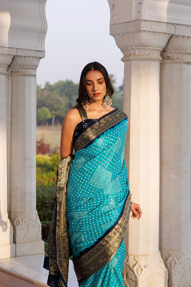 Elegant Blue Handcrafted Bandhani Gajji Silk Saree With Zari Work