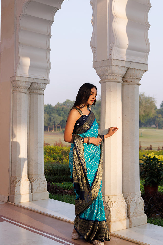 Elegant Blue Handcrafted Bandhani Gajji Silk Saree With Zari Work