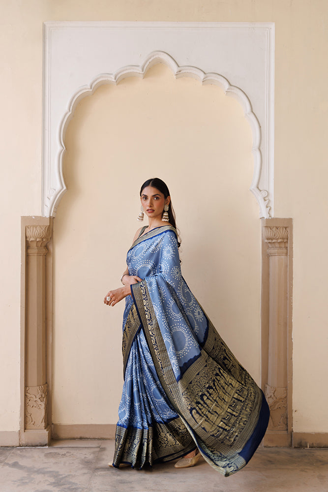 Grey Handcrafted Bandhani Gajji Silk Saree With Zari Border