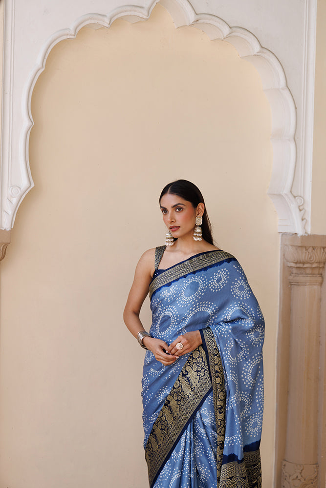 Grey Handcrafted Bandhani Gajji Silk Saree With Zari Border
