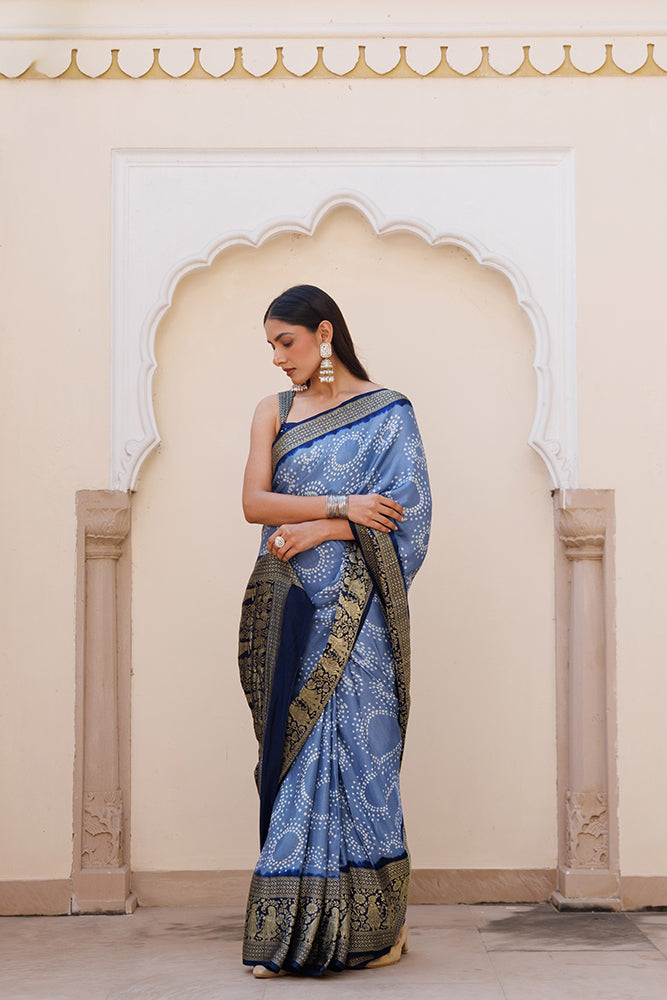 Grey Handcrafted Bandhani Gajji Silk Saree With Zari Border