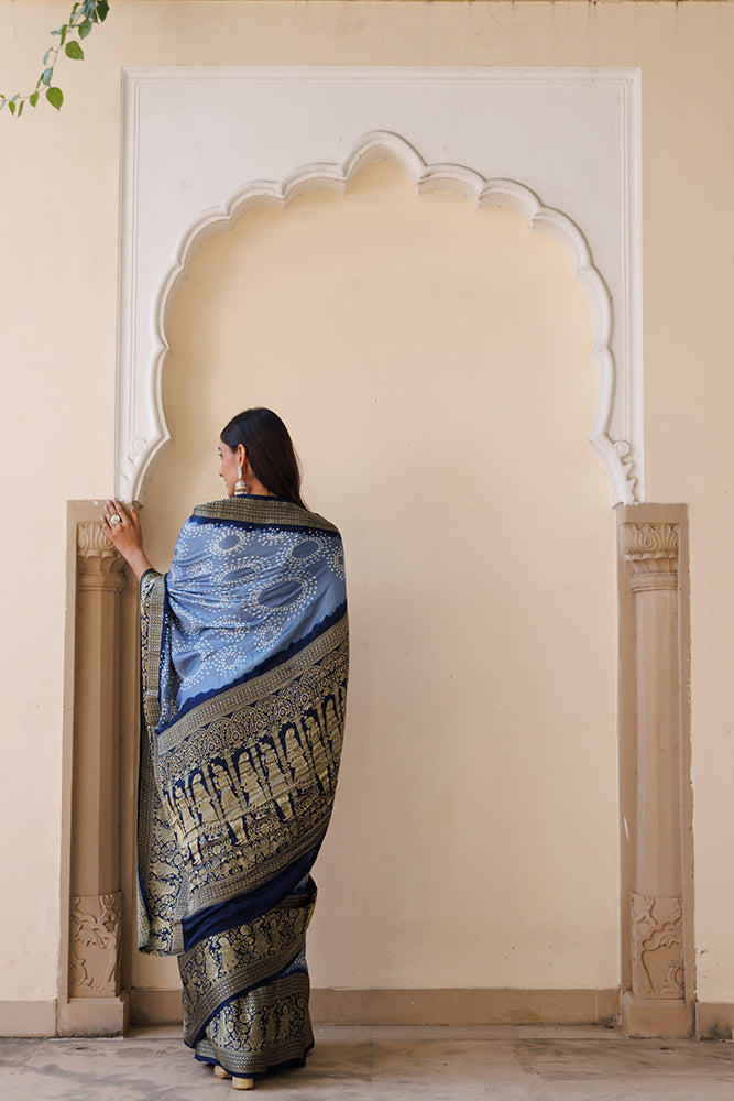 Grey Handcrafted Bandhani Gajji Silk Saree With Zari Border