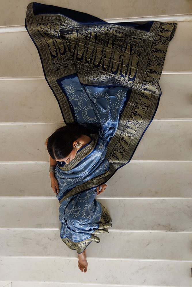 Grey Handcrafted Bandhani Gajji Silk Saree With Zari Border