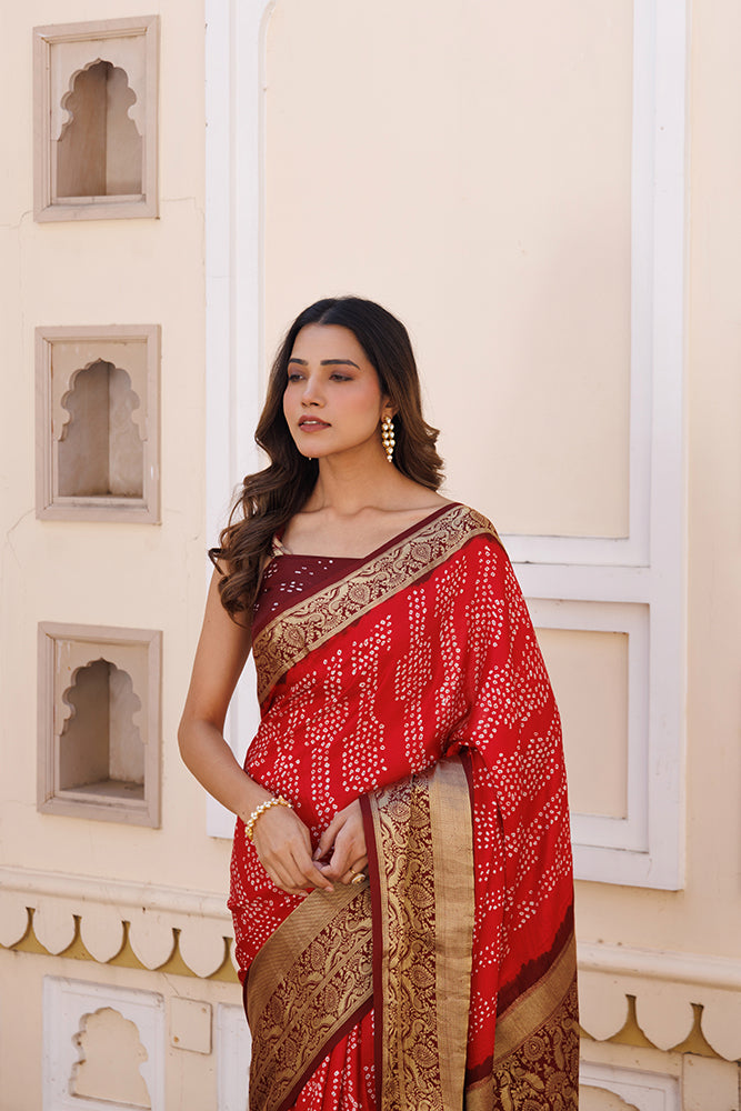 Maroon Handcrafted Bandhani Gajji Silk Saree With Zari Border