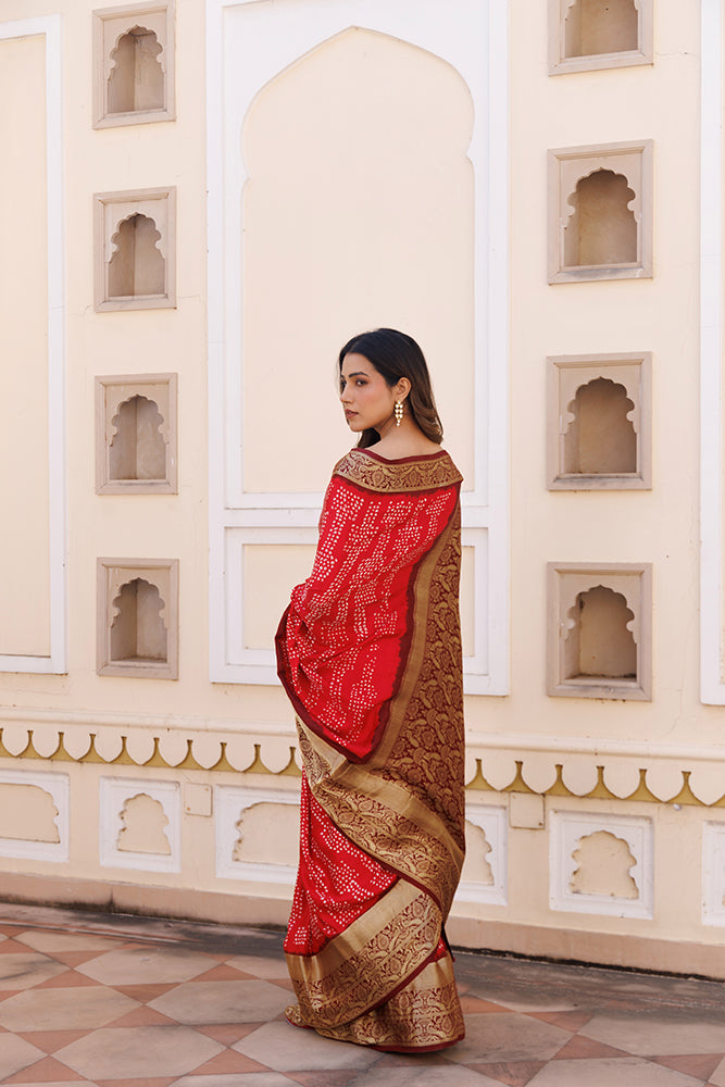 Maroon Handcrafted Bandhani Gajji Silk Saree With Zari Border