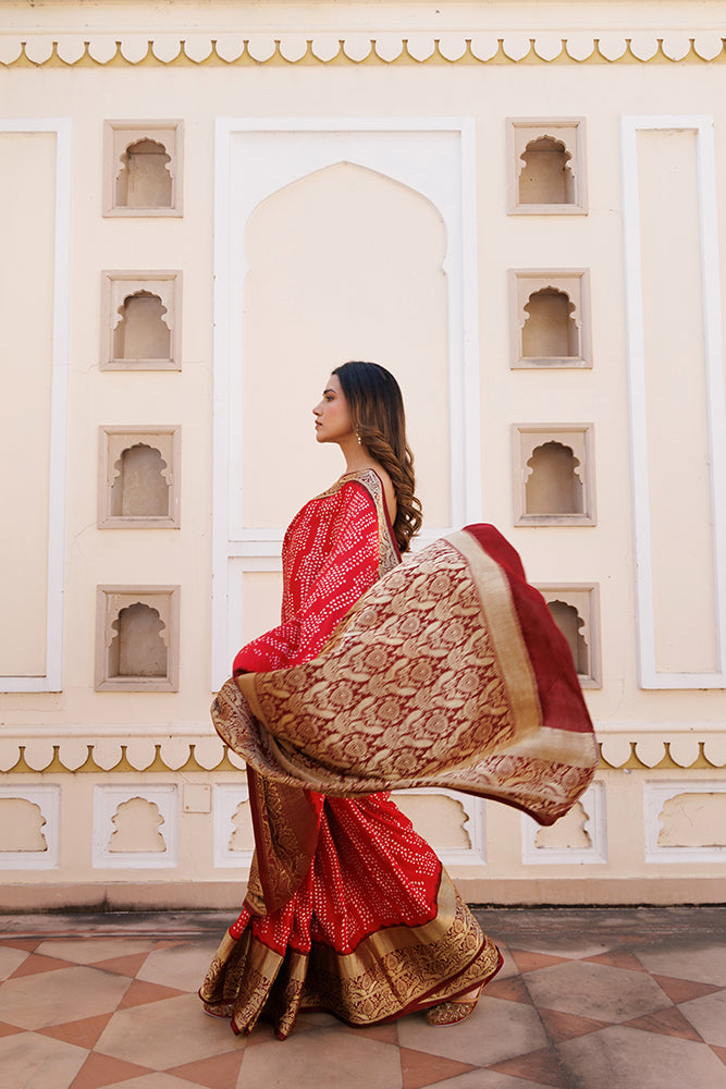 Maroon Handcrafted Bandhani Gajji Silk Saree With Zari Border