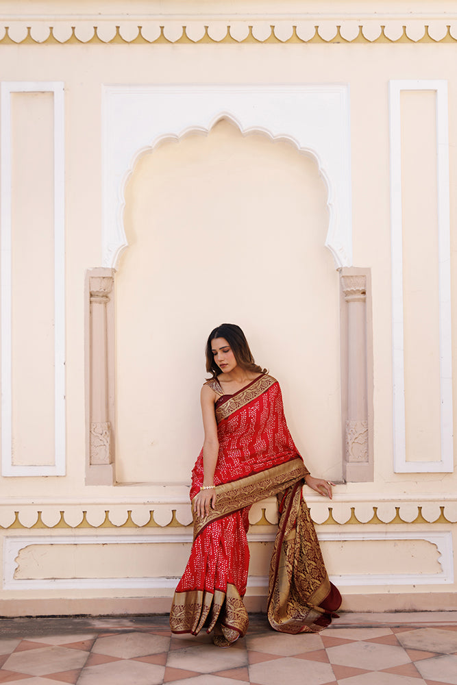 Maroon Handcrafted Bandhani Gajji Silk Saree With Zari Border