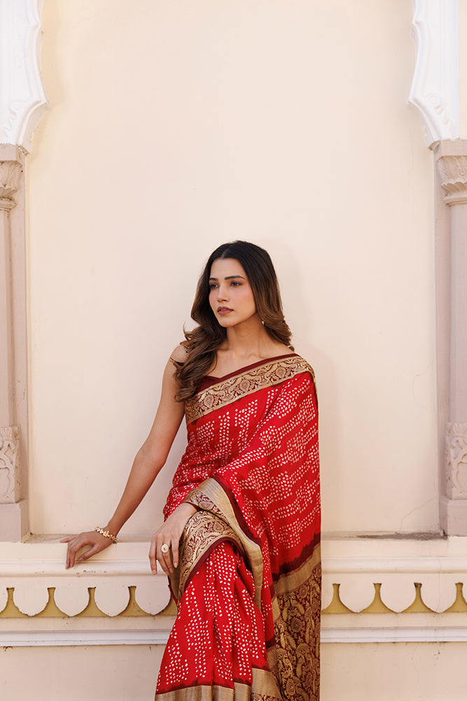 Maroon Handcrafted Bandhani Gajji Silk Saree With Zari Border