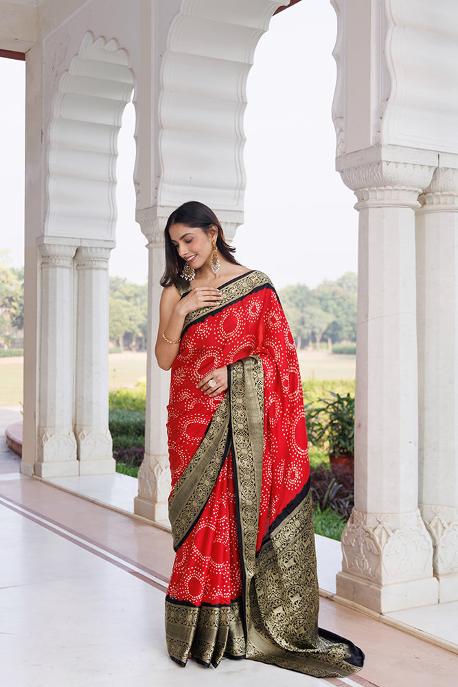 Red Gajji Silk Bandhani Saree With Zari Border & Pallu