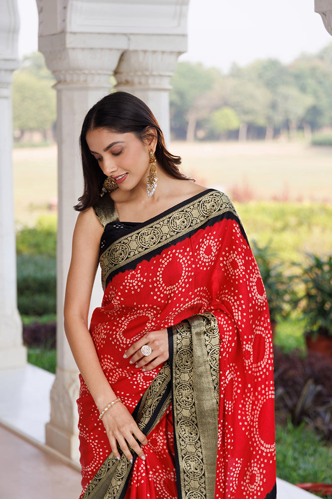 Red Gajji Silk Bandhani Saree With Zari Border & Pallu