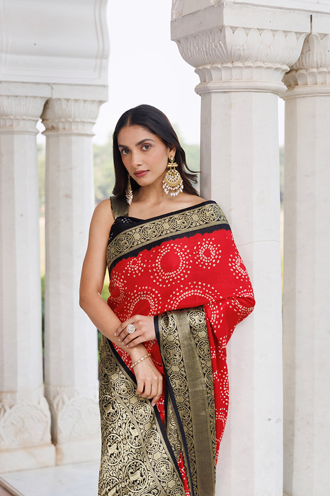 Red Gajji Silk Bandhani Saree With Zari Border & Pallu