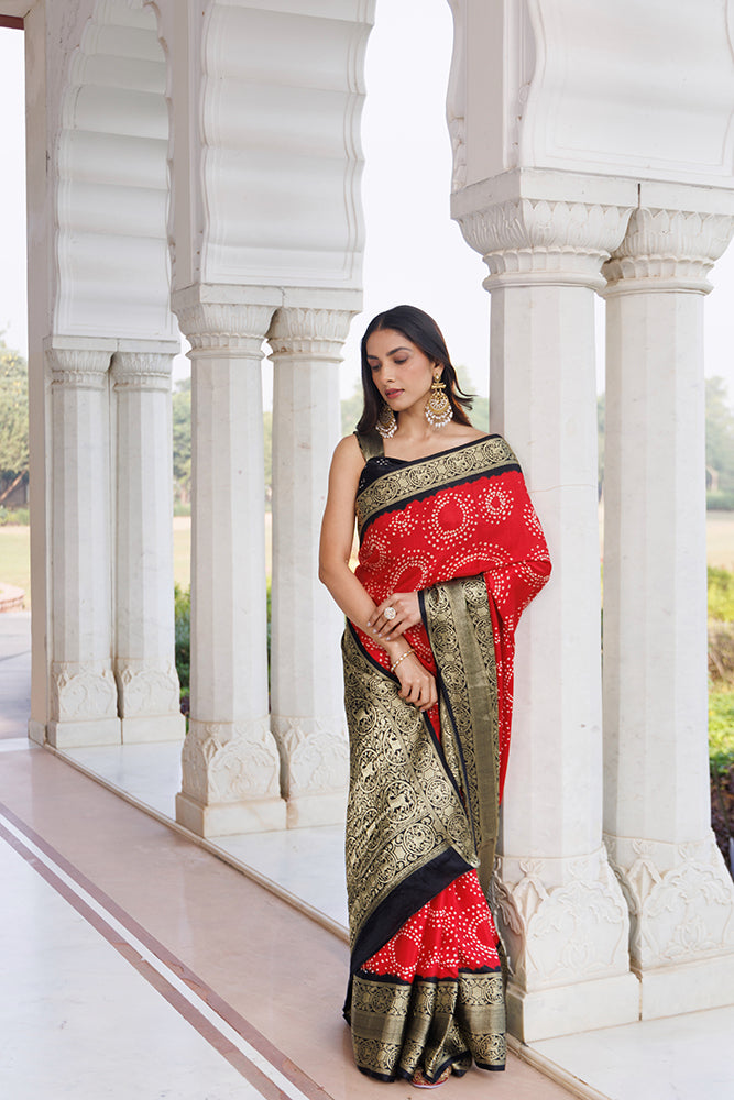 Red Gajji Silk Bandhani Saree With Zari Border & Pallu