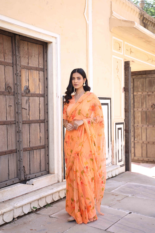 Orange Hand Painted Ready to Wear Saree