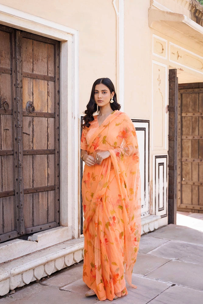 Orange Hand Painted Ready to Wear Saree