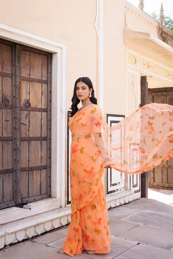 Orange Hand Painted Ready to Wear Saree