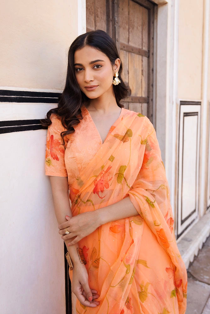 Orange Hand Painted Ready to Wear Saree