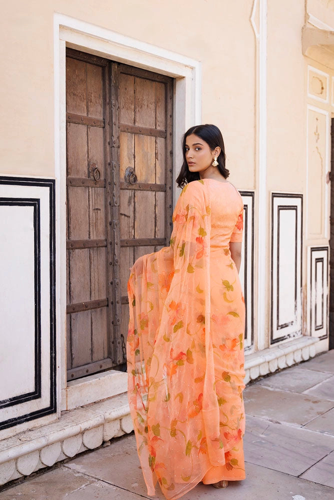 Orange Hand Painted Ready to Wear Saree