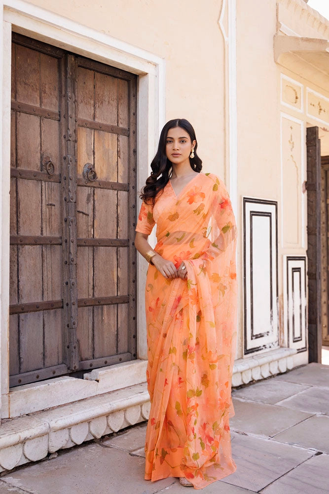 Orange Hand Painted Ready To Wear Chiffon Mukaish Saree
