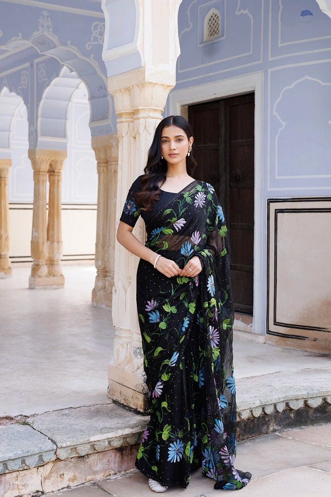 Black Hand Painted Ready to Wear Mukaish Saree