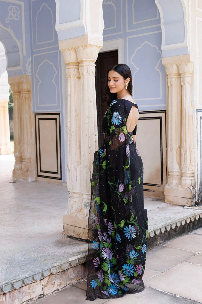 Black Hand Painted Ready to Wear Mukaish Saree