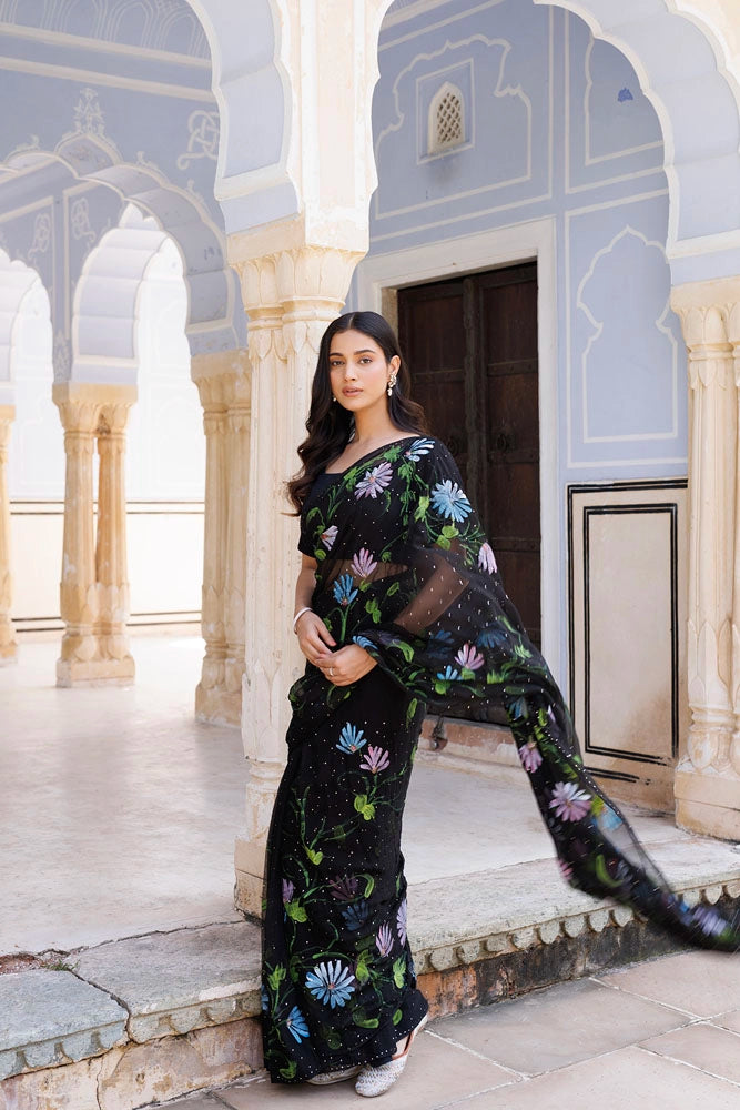 Black Hand Painted Ready to Wear Mukaish Saree
