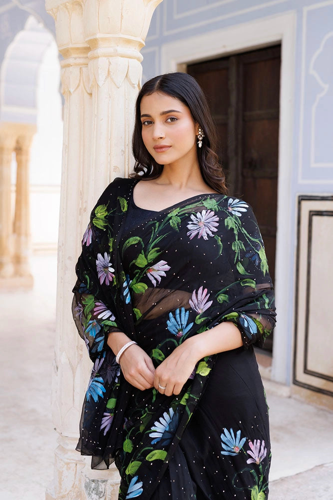 Black Hand Painted Ready to Wear Mukaish Saree