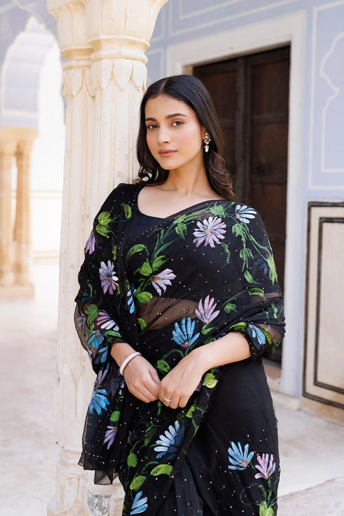 Black Hand Painted Ready to Wear Mukaish Saree